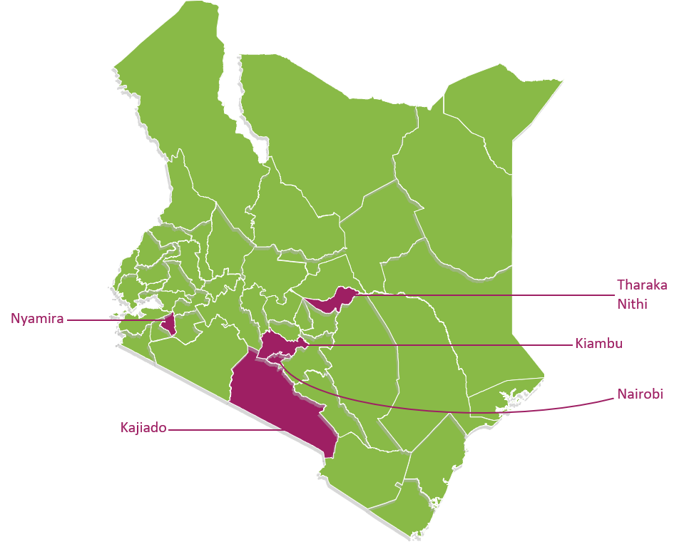 Map of Kenya showing focus counties